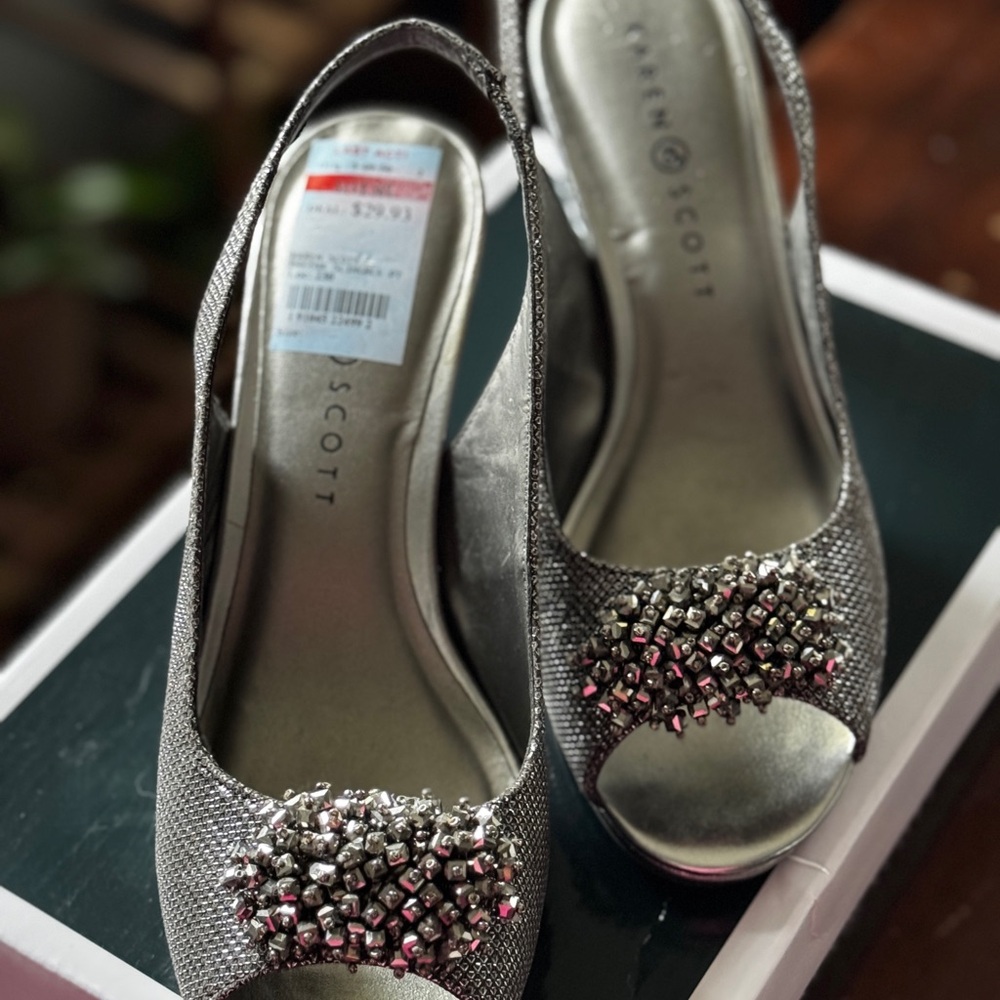Karen Scott Breena Slingback Peep-Toe Pumps Pewter Sz 7.5m